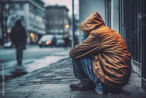 Obraz na płótnie Homeless man sitting on the street, generative ai