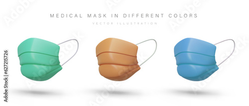 Set of realistic medical masks. Personal protection of mouth and nose against infections and viruses. Health concept. Safety breathing. Colored surgical face masks