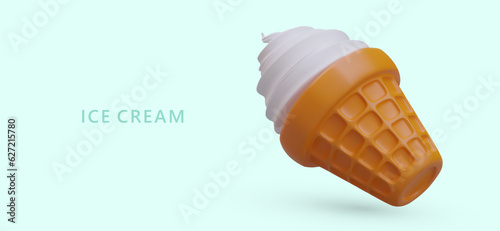 Realistic waffle cone with soft swirled ice cream. Sweet cold dessert. Cute commercial banner, place for text, promotional offer. Advertisement of ice cream making equipment