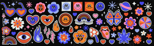 Vector set of groovy psychedelic stickers  emoticons  flowers  sparkles. Bold retro illustrations. Trippy social media emojis. Cool funky hippie labels  patches  icons. Faces with different emotions