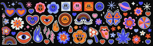 Vector set of groovy psychedelic stickers, emoticons, flowers, sparkles. Bold retro illustrations. Trippy social media emojis. Cool funky hippie labels, patches, icons. Faces with different emotions