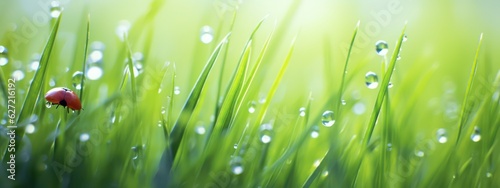 Fresh juicy young grass in droplets of morning dew and a ladybug in summer spring on a nature macro. Drops of water on the grass, natural wallpaper, panoramic view, soft focus
