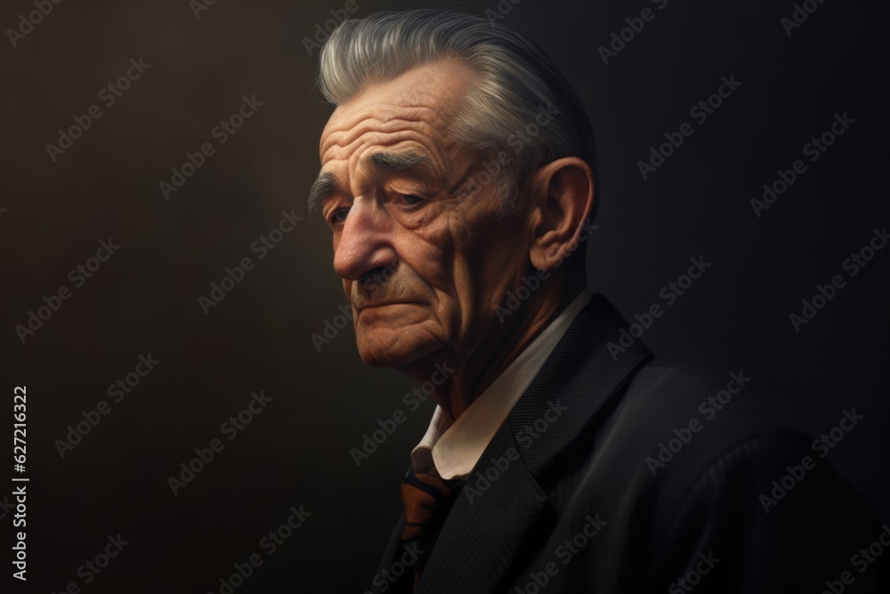 Fototapeta premium Portrait of pensive old man on dark background, created using generative ai technology
