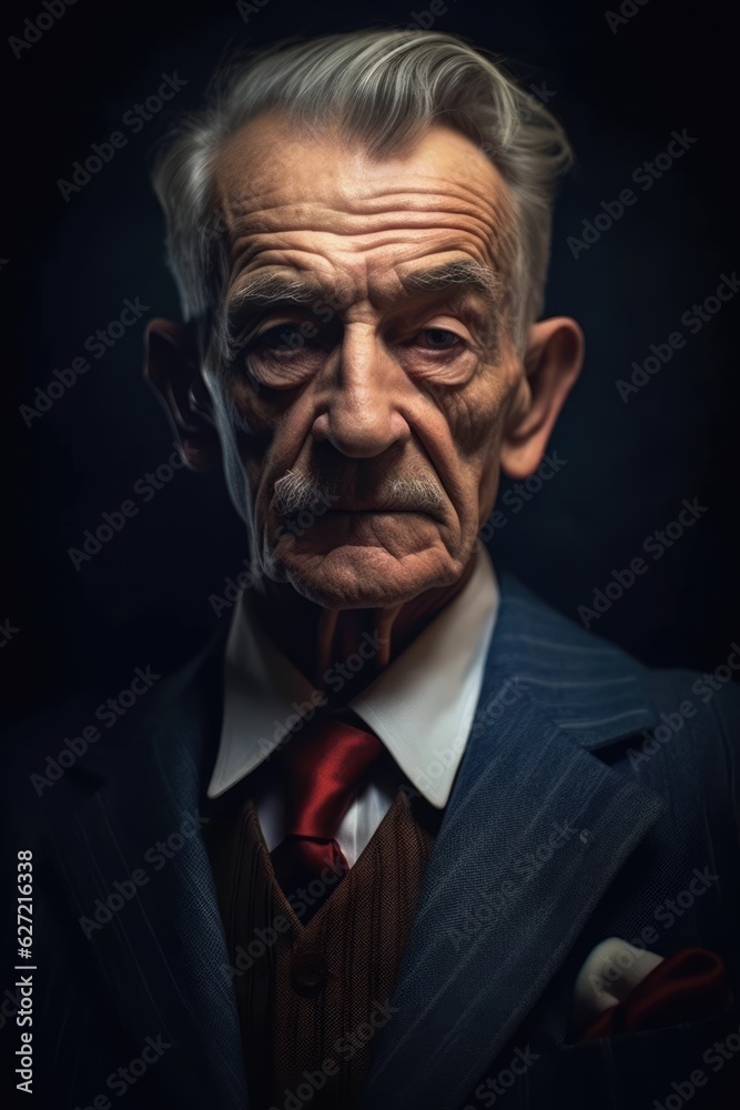 Portrait of pensive old man on black background, created using generative ai technology