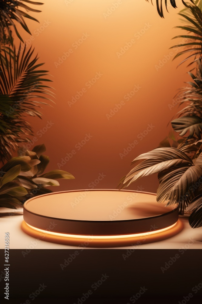 Fototapeta premium Round display podium with plants on orange background, created using generative ai technology