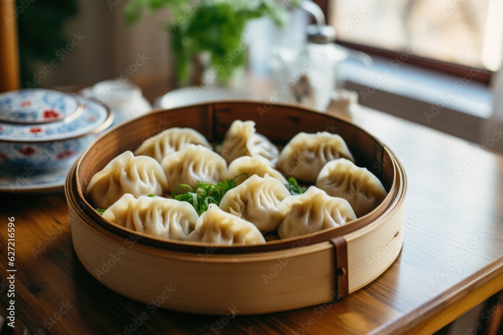 Close up of asian dumplings in bamboo steamer, created using generative ai technology Close up of asian dumplings in bamboo steamer, created using generative ai technology