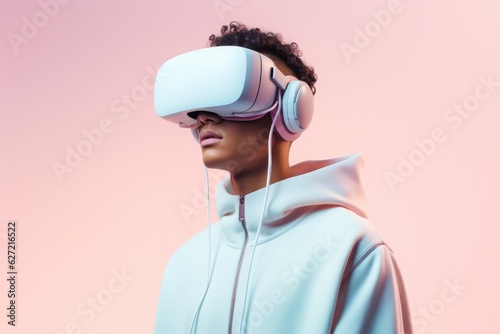 Biracial man wearing vr and ar headset on pink background, created using generative ai technology