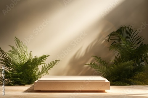 Square display podium with plants on beige background, created using generative ai technology © Future Vision