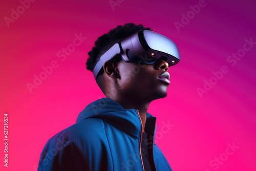 African american man in vr and ar headset on pink background  created using generative ai technology