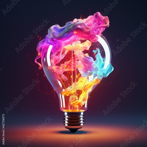 Light bulb with colour explosion on dark background, created using generative ai technology