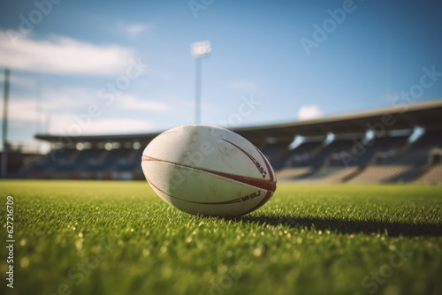 Close up of rugby ball on rugby field, created using generative ai technology