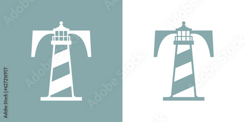 Logo Nautical. Icono de torre marítima en puerto. Letra inicial T con faro de luz