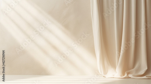Empty curtains stage light on beige background. Mock up Product display podium with Generative Ai.