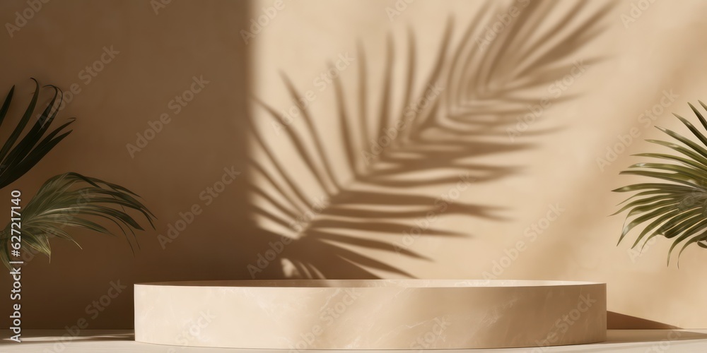 Marble beige podium with shadow from palm leaves on the wall. Background for presentation Marble beige podium with shadow from palm leaves on the wall. Background for presentation