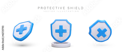 Medical protection, insurance symbol. Set of vector shields with blue cross. Paid service of medical insurance companies. Images with and without subtitles. View from different angles
