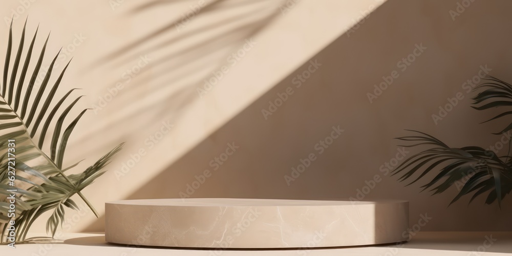 Marble beige podium with shadow from palm leaves on the wall. Background for presentation Marble beige podium with shadow from palm leaves on the wall. Background for presentation