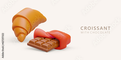 Realistic croissant with chocolate. Baking with cream. Bun with sweet filling. Banner with croissant and half opened chocolate bar. Bakery advertisement. Place for text