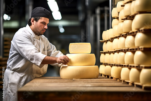 Worker testing quality of cheese loaf with hammer in parmesan food factory