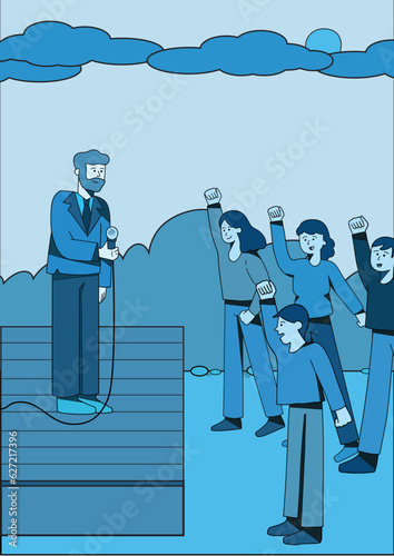 A young man giving a speech infront of young group of people vector illustration.