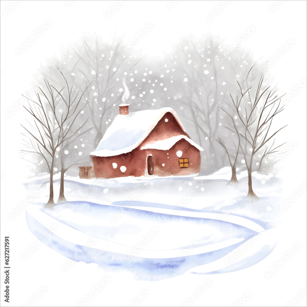 Watercolor cozy winter house with a snow on roof, trees isolated on a white background. Vector illustration. Winter landscape.