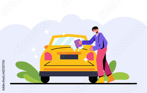 Man washing own car outside with soap. Place for auto transport wash. Clean dirt on machine under high water pressure. Flat vector illustration in cartoon style