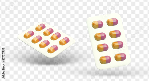 Realistic blisters with colored capsules. Glossy medicine packaging. Oval tablets. Dosed medications. Isolated images, view from different sides. Medical drugs icon. Vector concept for web design