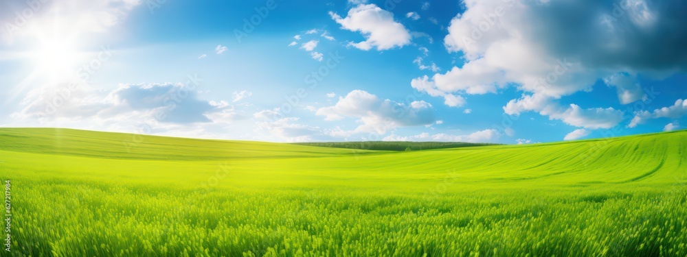 Natural panoramic landscape with spring meadow with curved horizon line. Field bright juicy green grass against a blue sky with clouds and sun flare