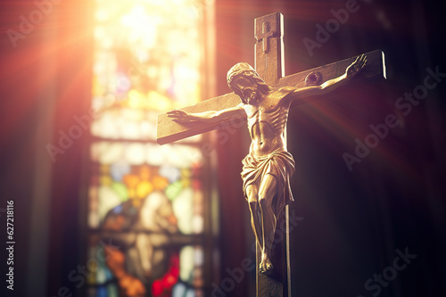 Sacred Moment Crucifixion of Jesus on the Cross in Church with Divine Ray of Light from Stained Glass. created with Generative AI