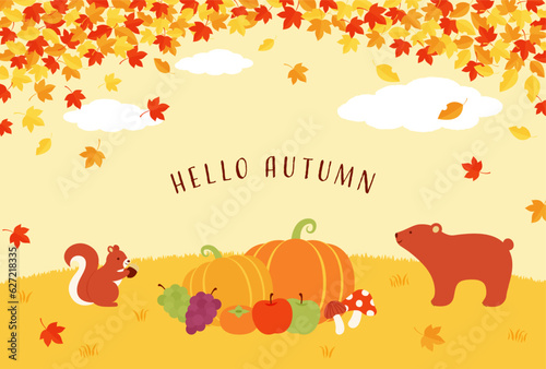 autumn forest vector background with harvests and animals for banners, cards, flyers, social media wallpapers, etc.