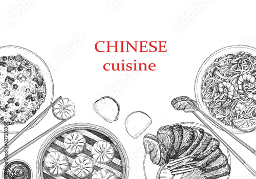 Chinese Restaurant Menu. Hand-drawn illustration of dishes and products. Ink. Vector