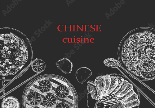 Chinese Restaurant Menu. Hand-drawn illustration of dishes and products. Ink. Vector