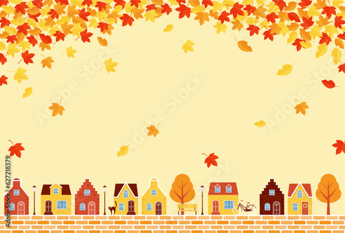 vector background with autumn city landscape with colorful houses and leaves for banners, cards, flyers, social media wallpapers, etc.