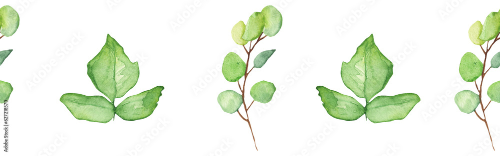Fototapeta premium Seamless border green leaves trees and branches, foliage of natural branches, green leaves, herbs, tropical plants hand drawn watercolor on white background.