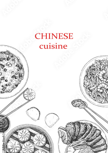 Chinese Restaurant Menu. Hand-drawn illustration of dishes and products. Ink. Vector
