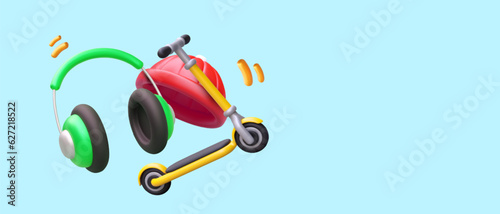 3D scooter, round hat, headphones. Hipster style. Ecological way of moving around city. Active leisure. Urban sport. Vector illustration on blue background