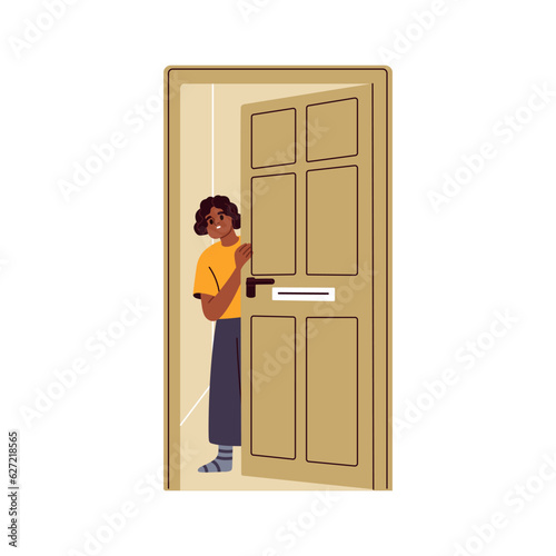 Afraid kid opening unlocking house door. Cautious scared anxious child in fear, fright, standing at home, looking outside from behind. Flat graphic vector illustration isolated on white background