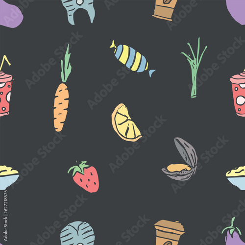 Seamless food pattern. Colored food background © eliyashevskiy