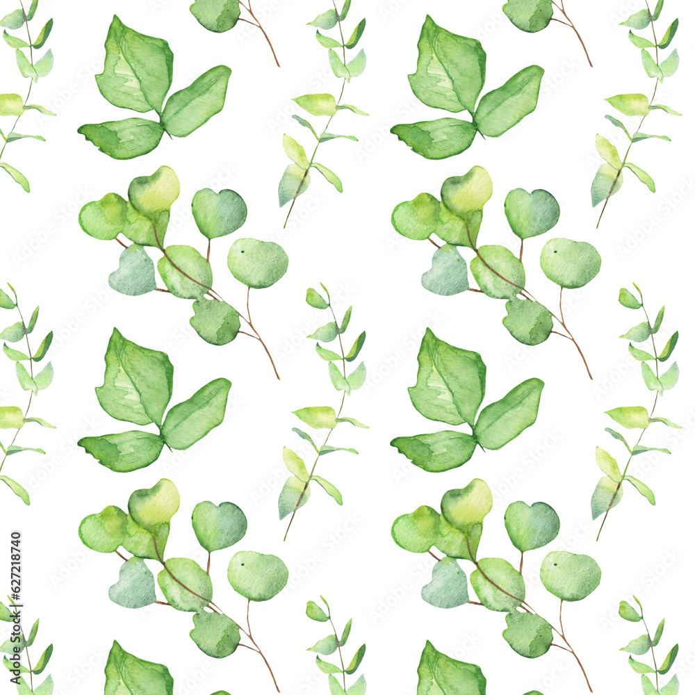 Seamless pattern green leaves trees and branches, foliage of natural branches, green leaves, herbs, tropical plants hand drawn watercolor on white background.