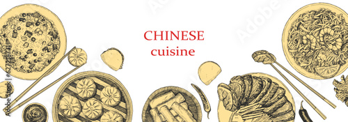 Chinese Restaurant Menu. Hand-drawn illustration of dishes and products. Ink. Vector