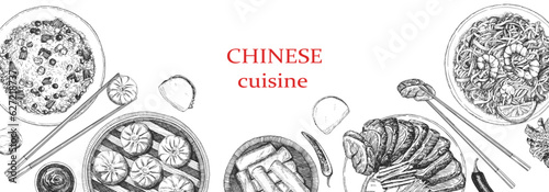 Chinese Restaurant Menu. Hand-drawn illustration of dishes and products. Ink. Vector