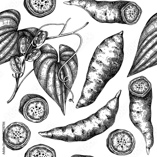 Agricultural plant pattern. Ube, Purple yam sketch. Root vegetable seamless endless background design, vegetarian food texture. Repeating print with plant based product. Vector illustration for print
