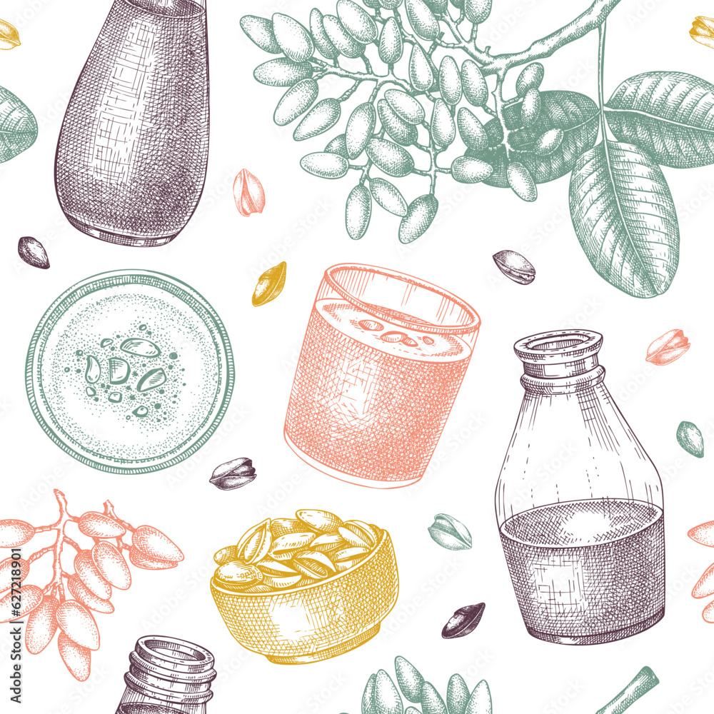 Pistachio milk pattern. Dairy products seamless endless background ...