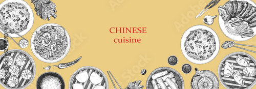 Chinese Restaurant Menu. Hand-drawn illustration of dishes and products. Ink. Vector