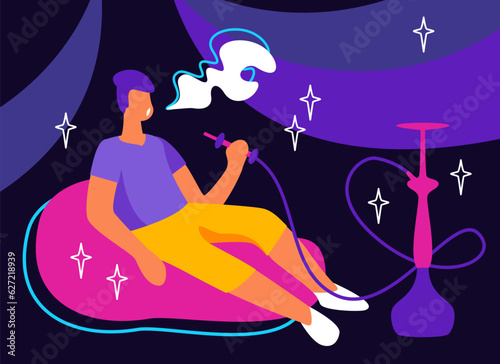 Male relaxing and smoking hookah bar at evening. Concept of tobacco smoking. Rest and relax in nightclub. Flat vector illustration in cartoon style with dark background