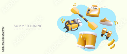 Summer hiking, kayaking. Realistic tourist set. Yellow 3D shorts, paddle, binoculars, backpack, radio, sneakers. Pleasant pastime in warm season. Walking and boating
