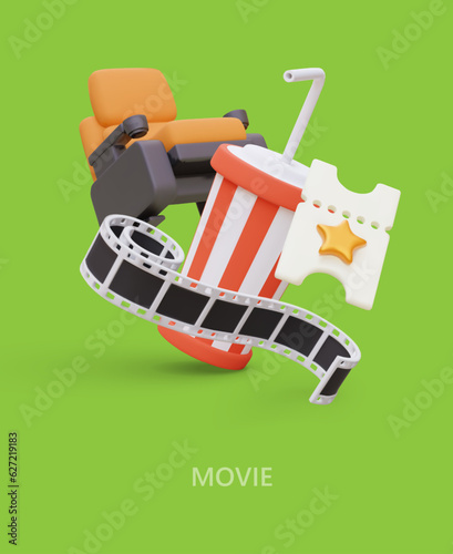 Vertical advertising poster on green background. Realistic cinema themed accessories. Vip viewing. Concept for announcement, invitation, flyer. Place for text