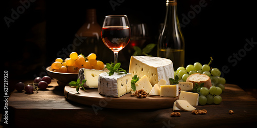 Assorted cheeses with wine, grapes, fruit and nuts on wooden board, composition of various types of cheeses