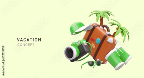 Vacation concept. 3D suitcase with stickers, palm trees, tourist clothes and accessories. Color vector poster, advertising travel agency services. Reservation of tickets, vouchers, hotels