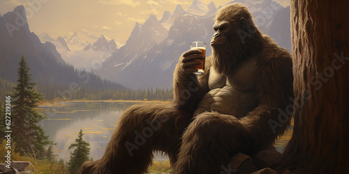 Sasquatch drinking a cold craft beer with scenic view. Generative AI photo