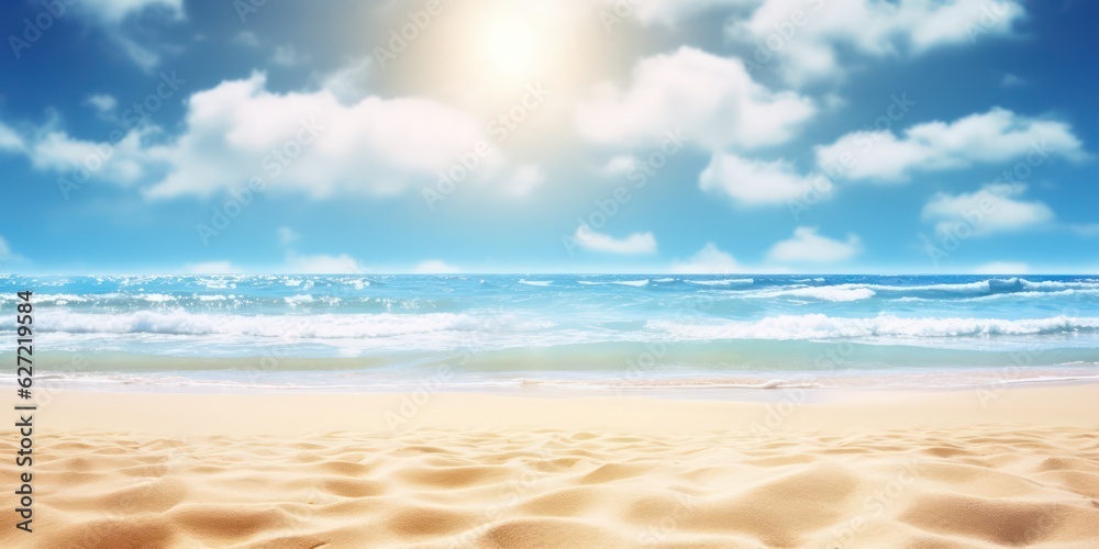 Summer background, nature of tropical golden beach with rays of sun light. Golden sand beach, sea water against blue sky with white clouds. Copy space, summer vacation concept